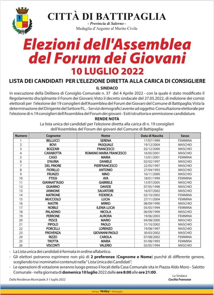 forum dei giovani battipaglia 2022 lista candidati