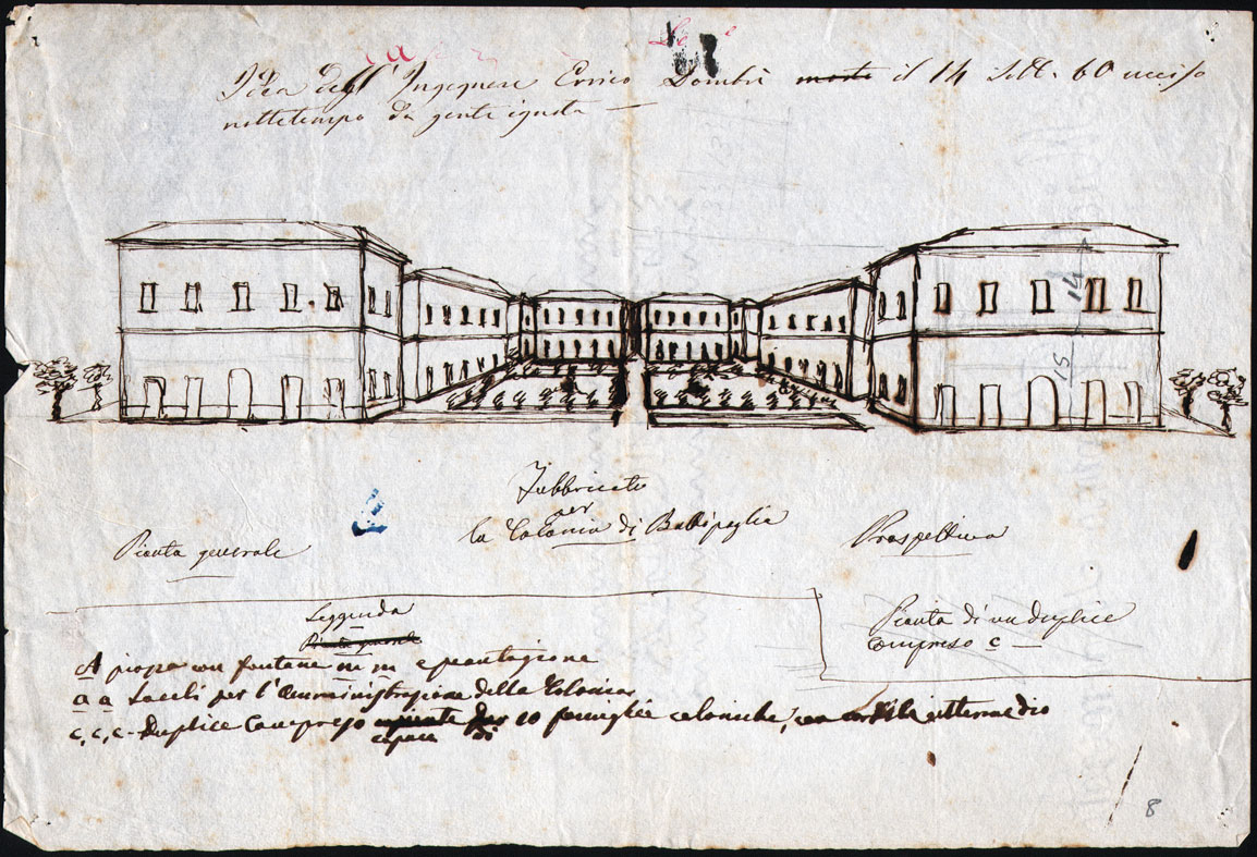 Disegno ottocentesco in prospettiva delle comprese, le case a corte della colonia agricola di Battipaglia